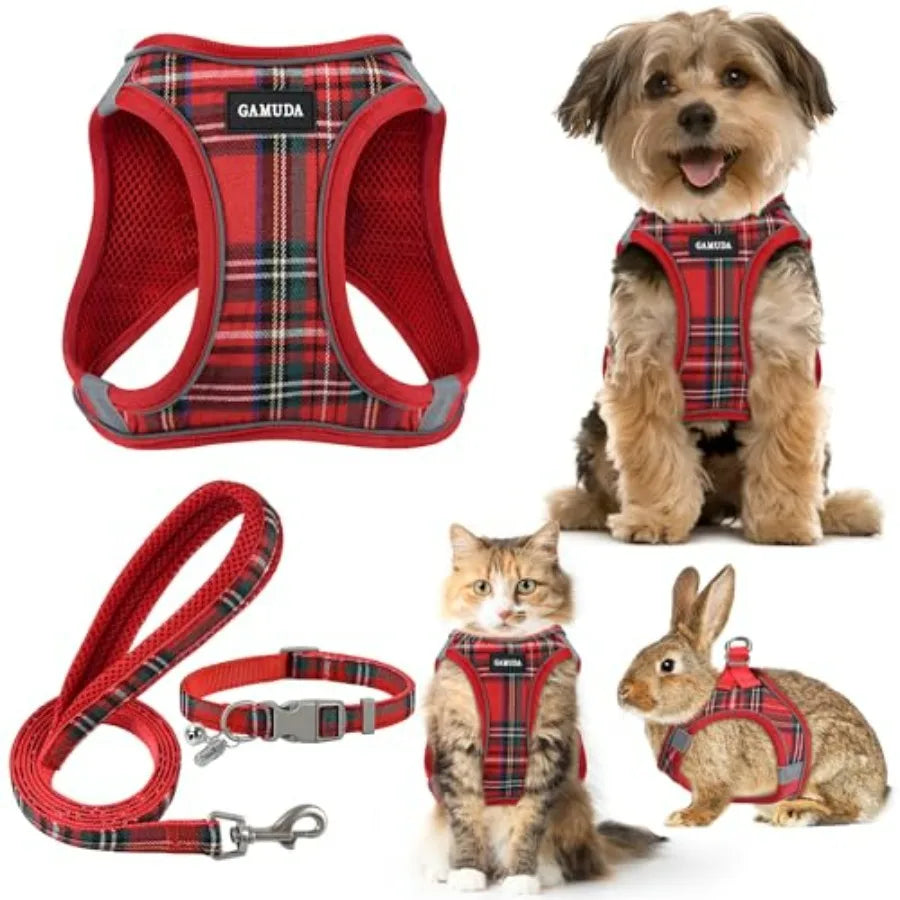 Small Dog Harness Collar and Leash Set, Step in No Chock No Pull Soft Mesh Adjustable Dog Vest Harnesses Plaid Reflective