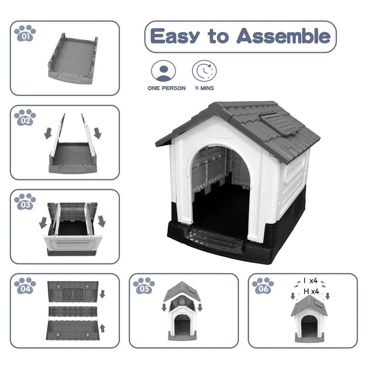Waterproof Outdoor Dog House With Ventilation, Raised Floor And Openable Roof, Large Plastic Pet Shelter For Medium Dogs