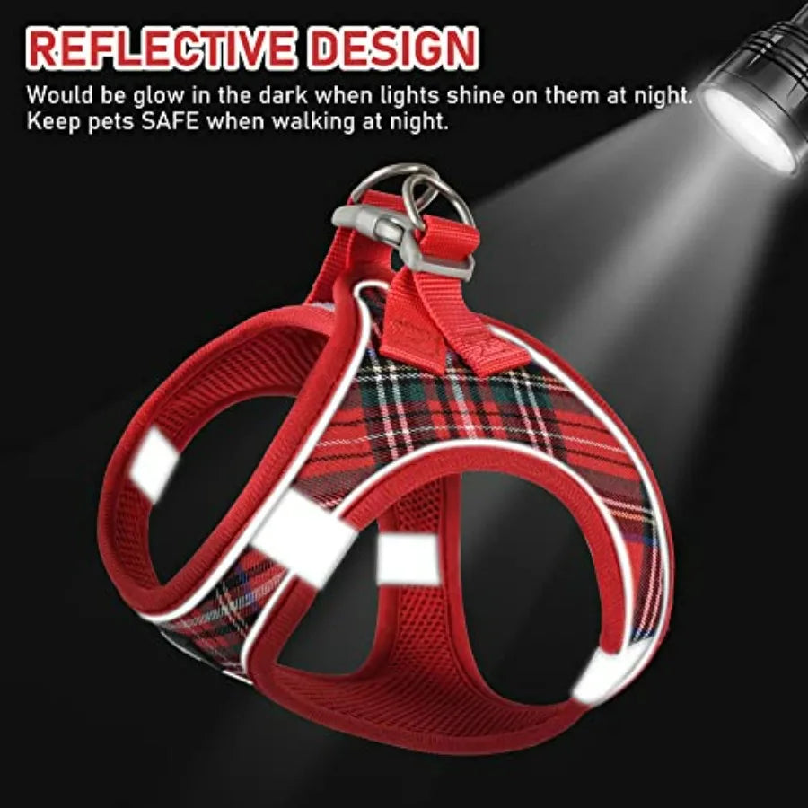 Small Dog Harness Collar and Leash Set, Step in No Chock No Pull Soft Mesh Adjustable Dog Vest Harnesses Plaid Reflective