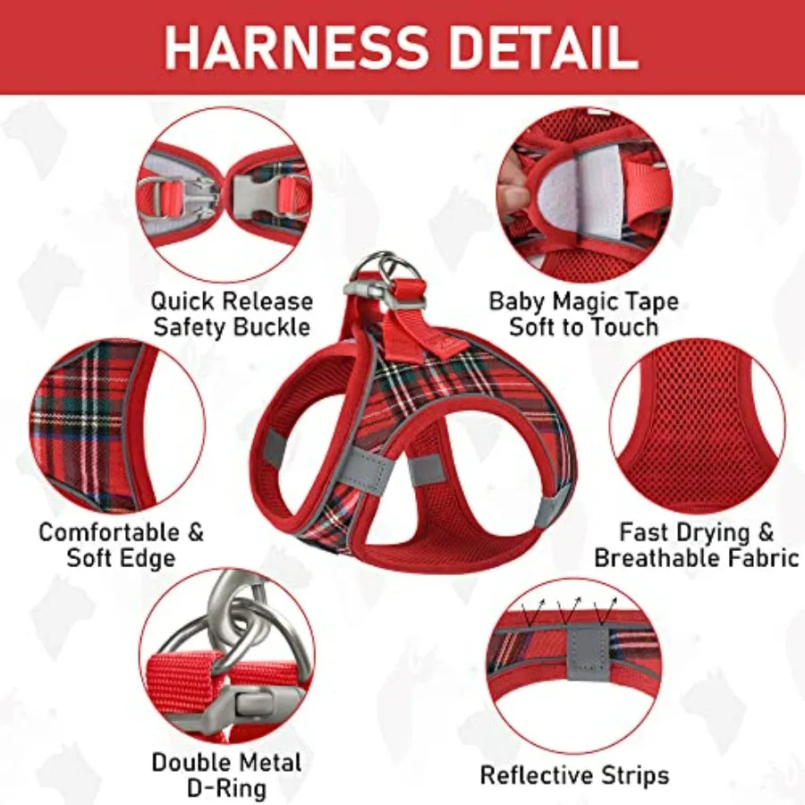 Small Dog Harness Collar and Leash Set, Step in No Chock No Pull Soft Mesh Adjustable Dog Vest Harnesses Plaid Reflective