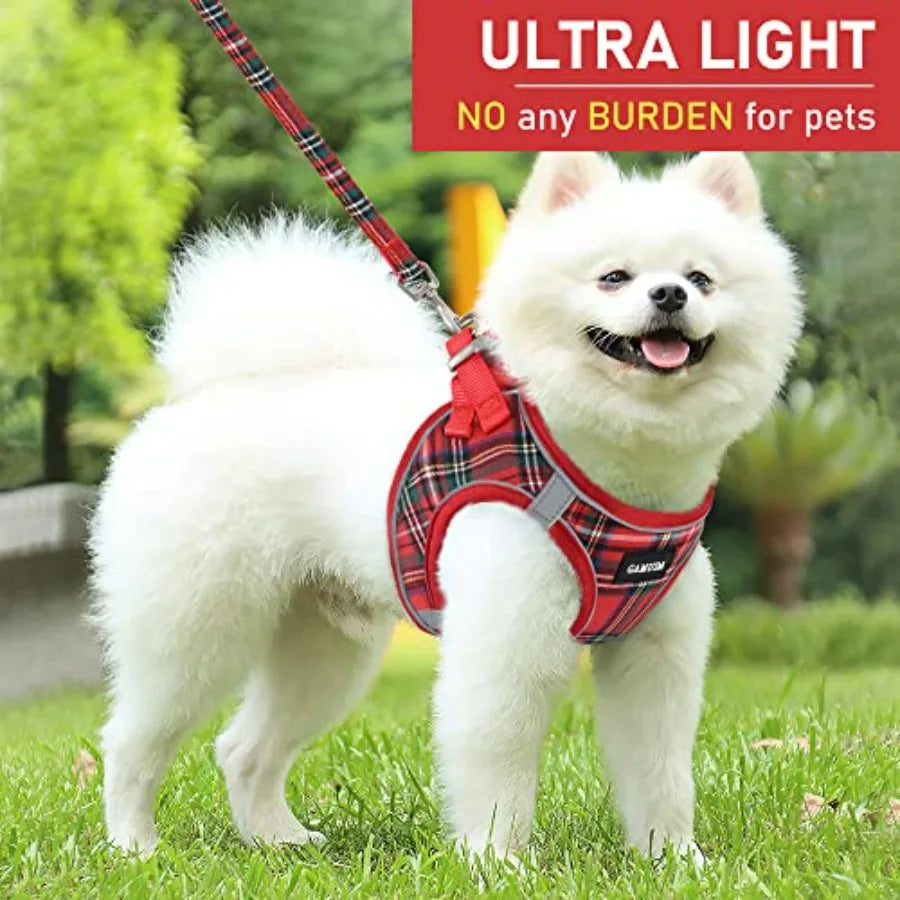 Small Dog Harness Collar and Leash Set, Step in No Chock No Pull Soft Mesh Adjustable Dog Vest Harnesses Plaid Reflective